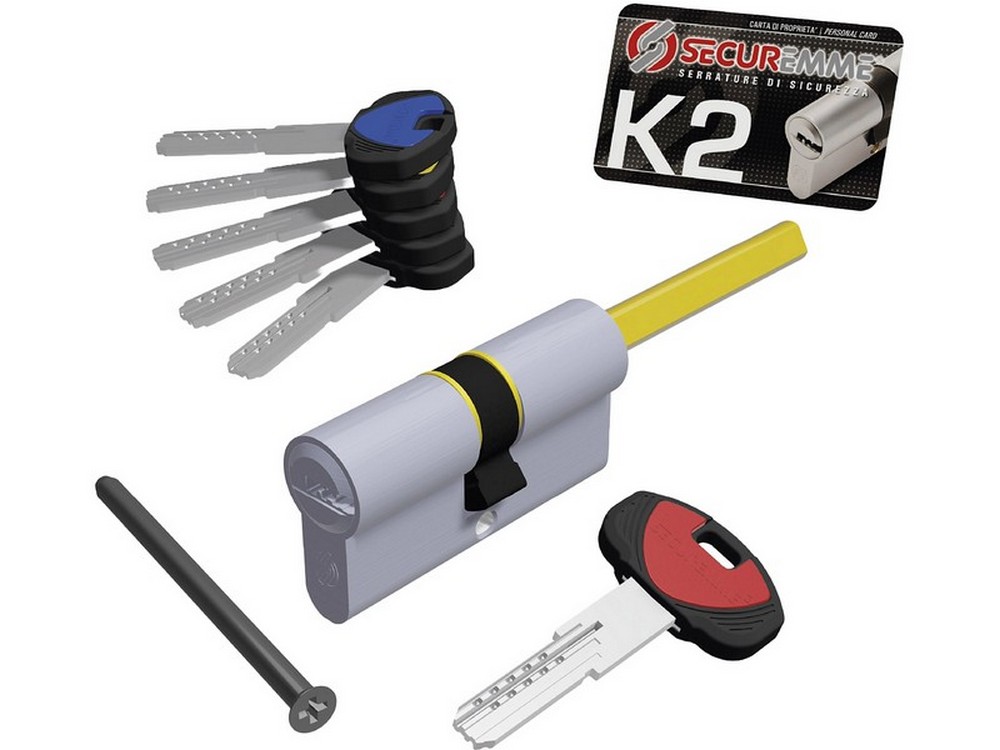 Securemme CILINDRO CROMO SATINATO K2 CON CODOLO 5 chiavi mm. 75 (30+45)