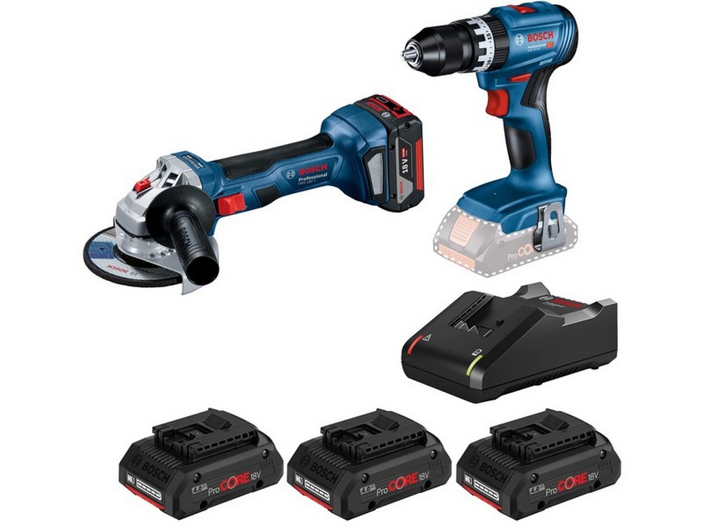 Bosch KIT Minismerigliatrice GWS 18V-7 + Trapano GSB 18V-45 + Set ricarica