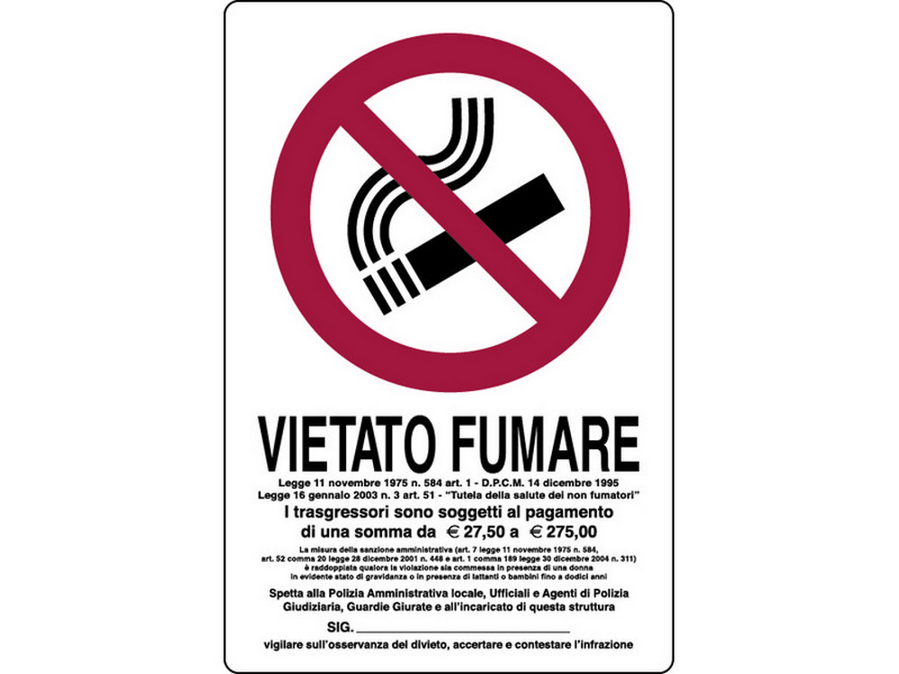 CARTELLO SEGNALETICO VIETATO FUMARE CON LEGGE  cm. 20x30