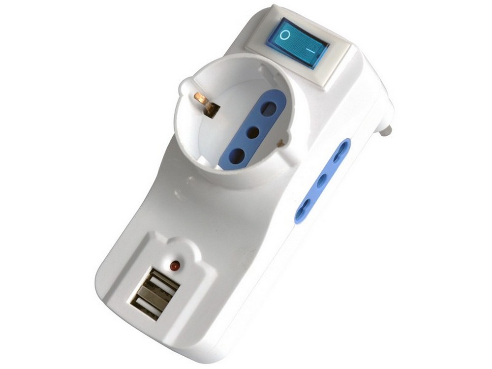 Globex ADATTATORE TRIPLO IN BLISTER 2P+T spina 16A/2 prese 10-16A+schuko c/interruttore+2 prese USB